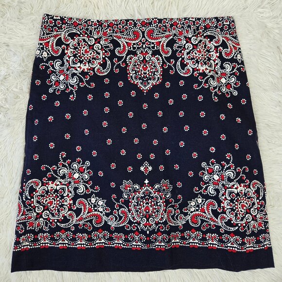 Talbots Size 8 Pencil Skirt Blue with Red White Pattern Hidden Side Zipper - Picture 1 of 10